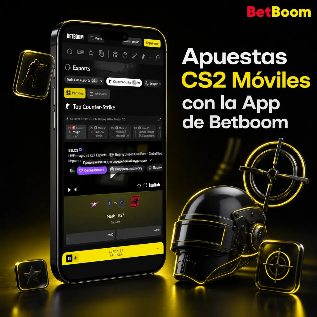 Captura de pantalla de la app Betboom mostrando apuestas de CS2 en móvil con navegación entre pestañas y notificaciones
