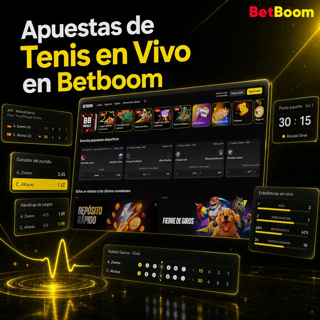 Apuestas de tenis en vivo en Betboom con cuotas actualizadas por punto, marcador en tiempo real y mercados dinámicos durante el partido