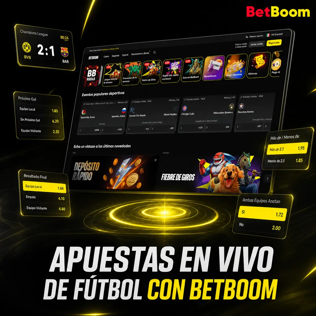 Interfaz de Betboom para apuestas en vivo de fútbol con cuotas actualizadas y estadísticas en tiempo real