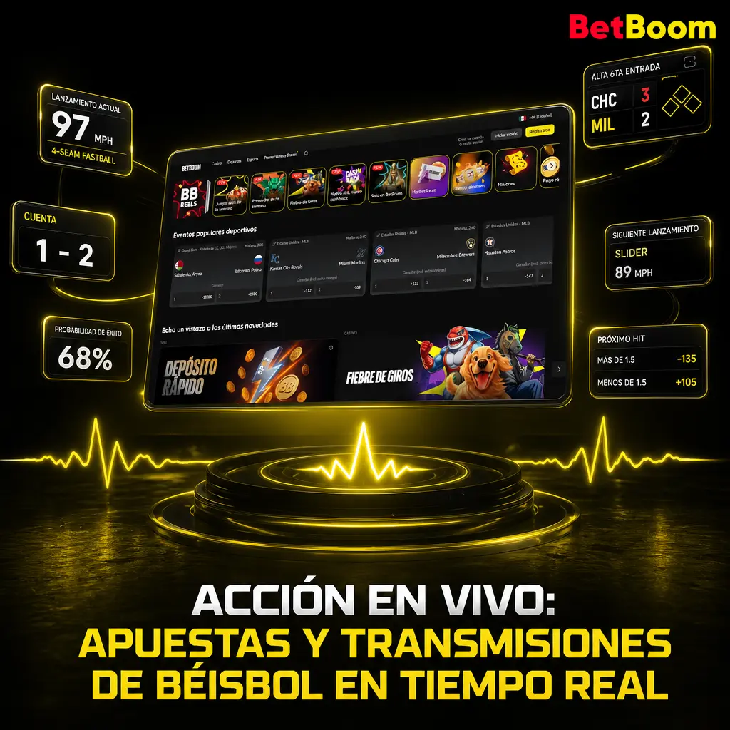 Cuotas en vivo de béisbol en Betboom con transmisión en tiempo real, tracker gráfico y mercados actualizados por jugada.