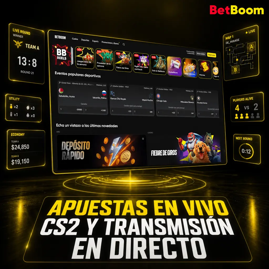 Apuestas en vivo de CS2 en Betboom con transmisión de Twitch, marcador por rondas y cash out instantáneo