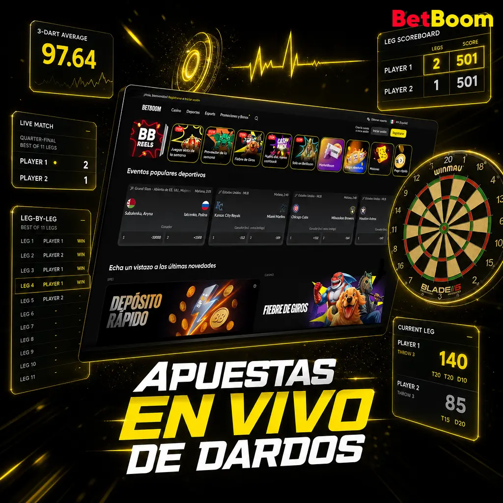 Apuestas en vivo de dardos con cuotas actualizadas por leg, promedio de 3 dardos y mercados de checkout activos