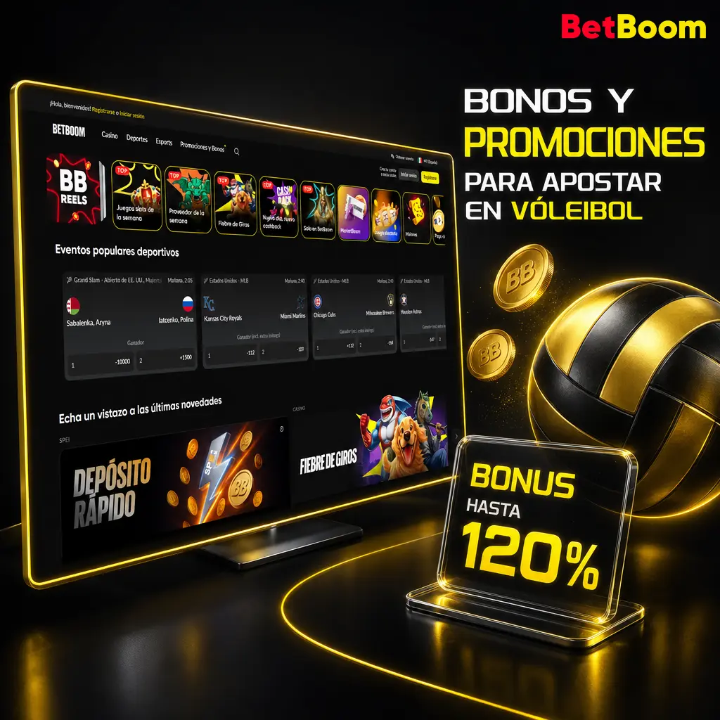 Bono de bienvenida Betboom Sports con giros gratis y hasta 20,075 MXN para apostar en vóleibol en México.