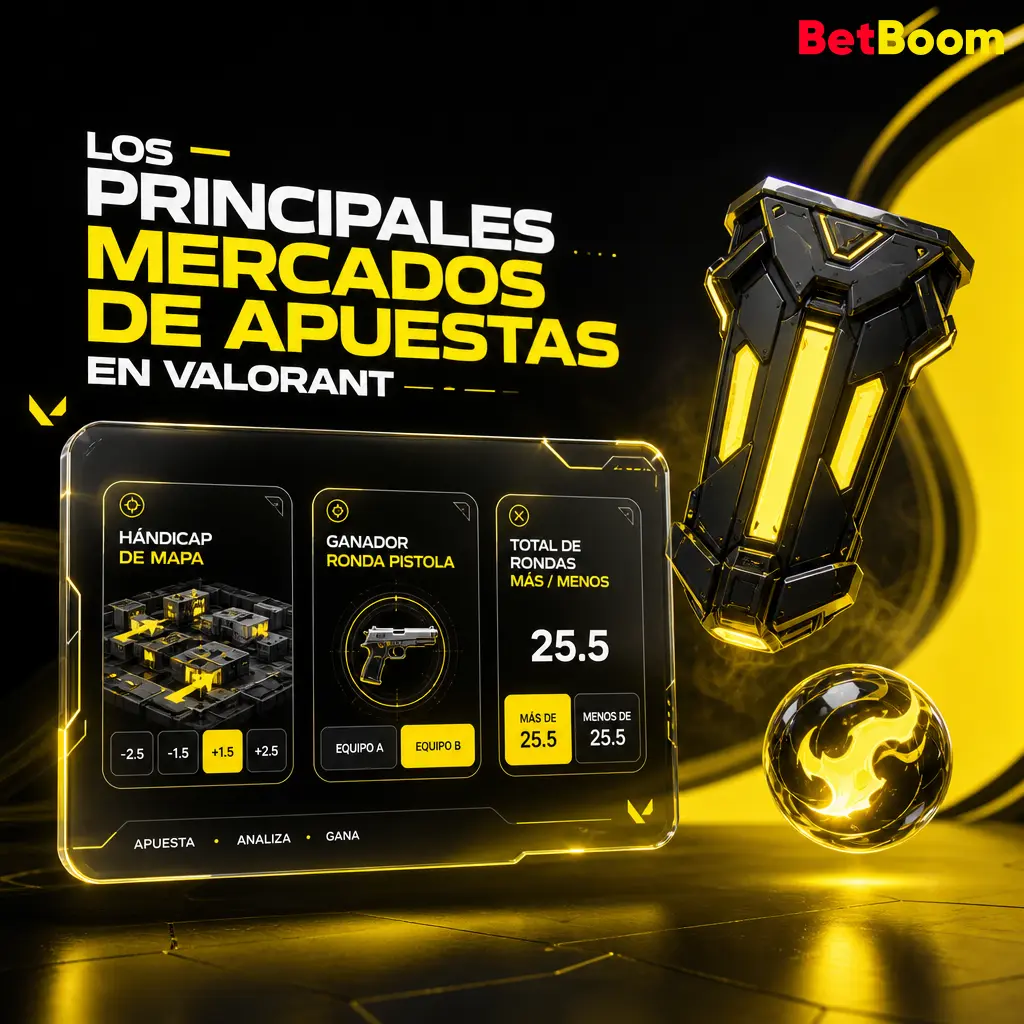 Mercados de apuestas Betboom en Valorant: ganador del partido, hándicap de mapa, total de rondas, ronda pistola y kills.