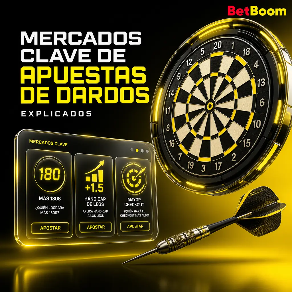Mercados de apuestas de dardos en Betboom: ganador, hándicap, 180s, checkout más alto y cierre en 9 dardos.