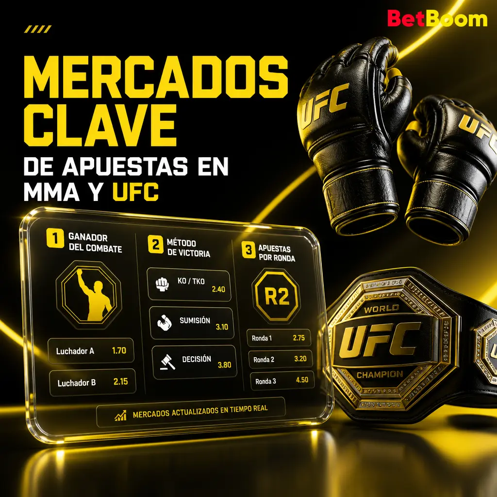 Mercados de apuestas MMA y UFC en Betboom: ganador, método de victoria, rounds y más opciones para apostar.