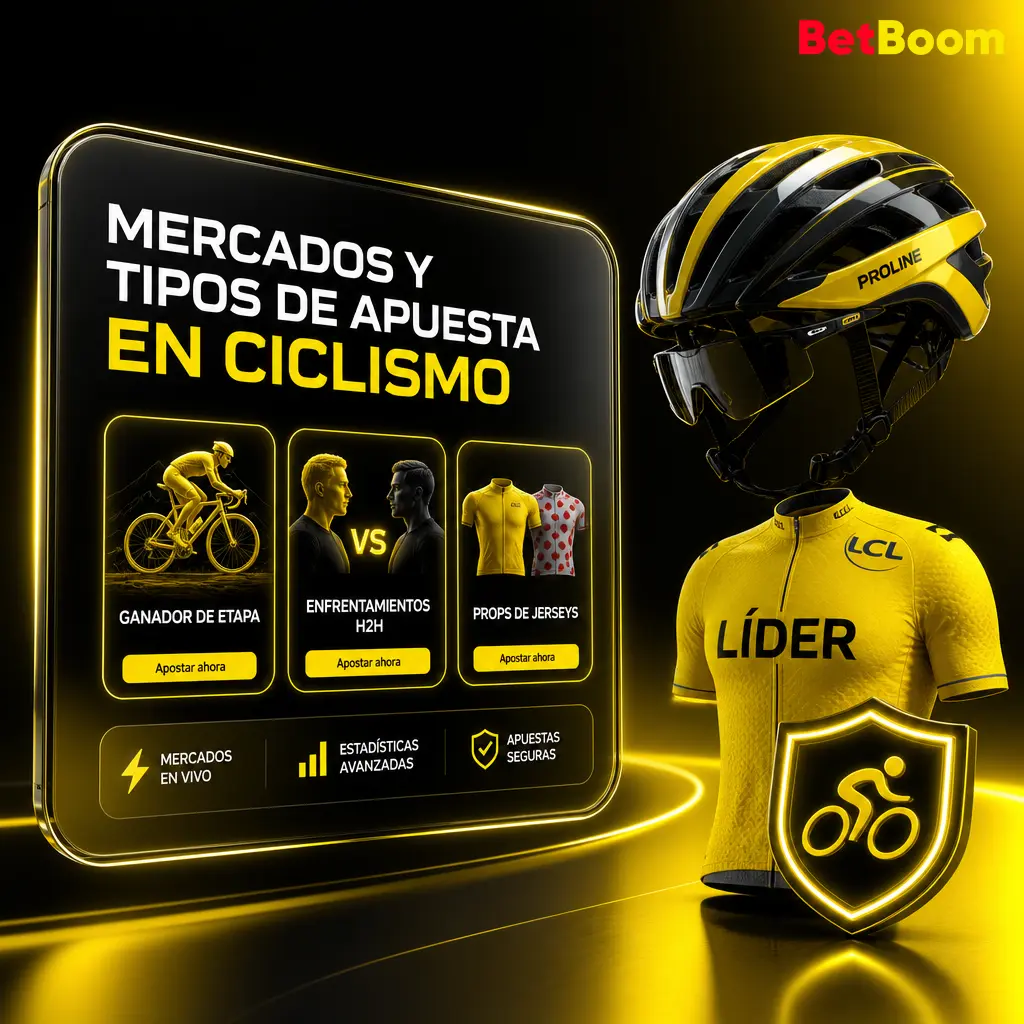 Mercados de apuestas en Betboom para ciclismo: ganador general, etapas, jersey de puntos y clasificación por equipos 2026.