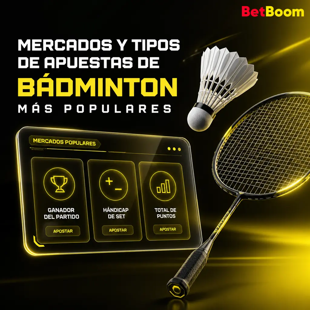 Mercados y tipos de apuestas de bádminton en Betboom: ganador, hándicap de sets, total de puntos y props en vivo.