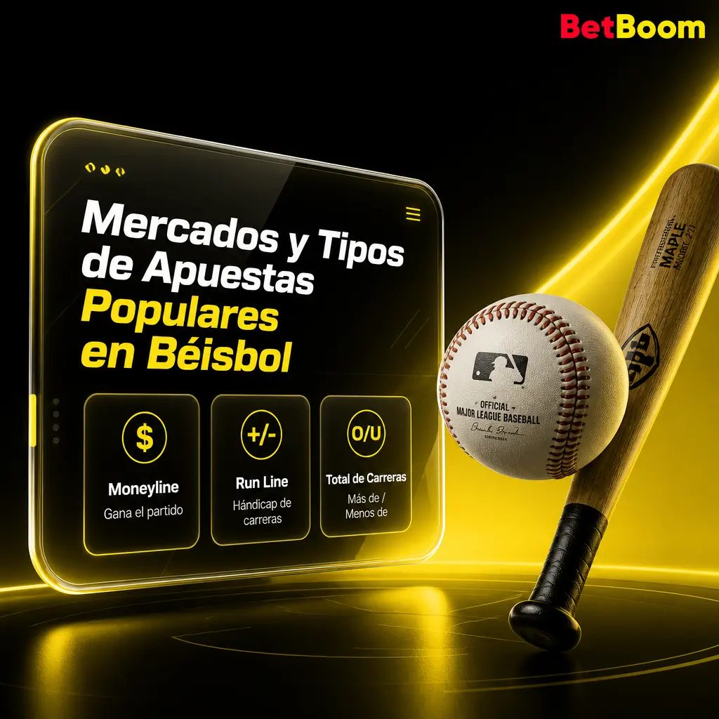 Mercados de apuestas de béisbol en Betboom Sports: línea de dinero, carreras, props, serie y apuestas en vivo.