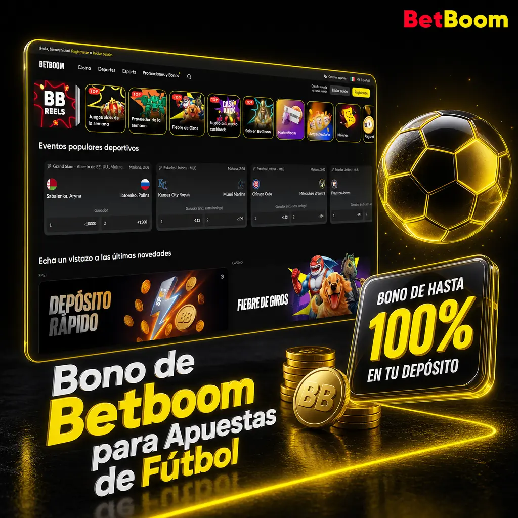 Bono de bienvenida Betboom: 100% hasta 20,075 MXN y 100 giros gratis para apostar en fútbol como Liga MX y Champions League.