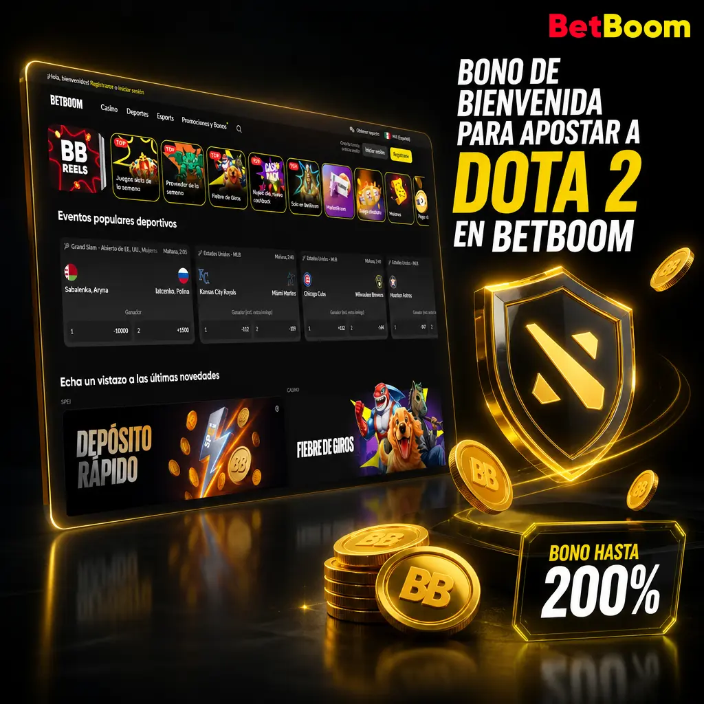 Bono de bienvenida de Betboom para apostar en Dota 2: 100 giros y hasta 20,075 MXN extra en tu primer depósito