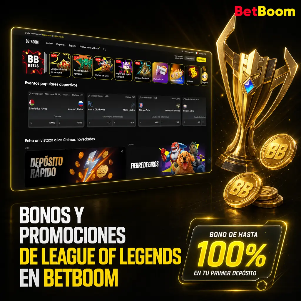 Bono de bienvenida Betboom: 100 giros gratis y hasta 20,075 MXN para apostar en League of Legends.