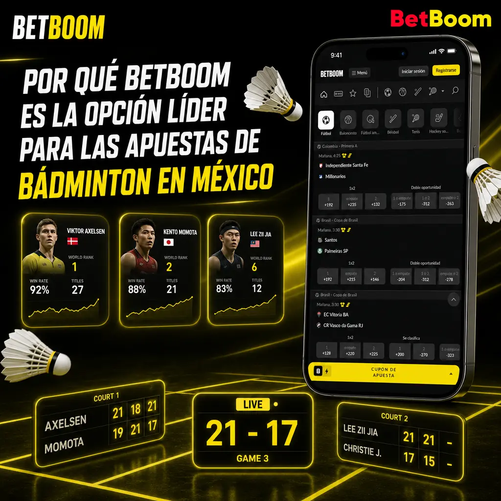 Betboom Bádminton: cuotas ajustadas, retiros rápidos por SPEI o cripto y estadísticas de enfrentamientos directos para tus apuestas en México.