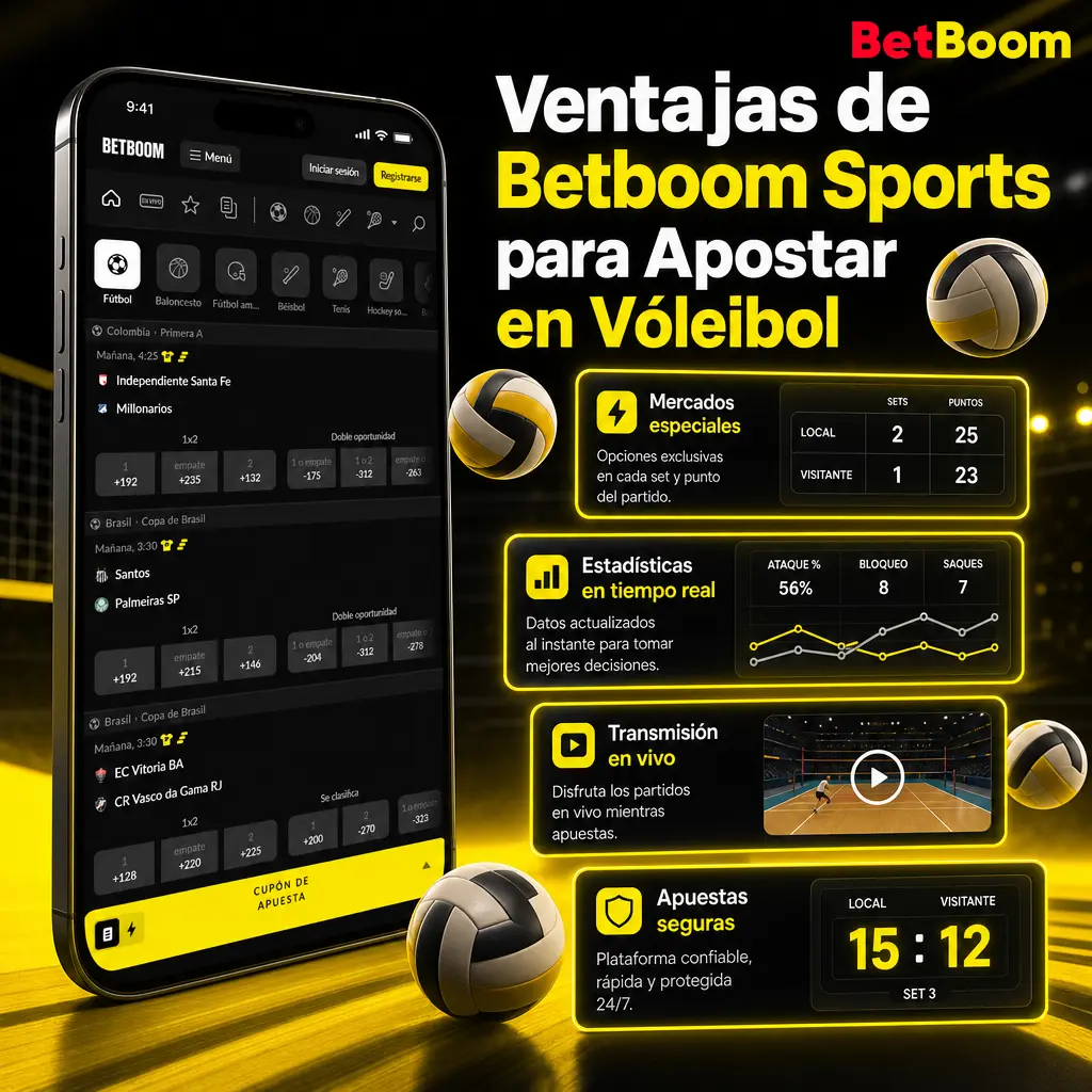 Ventajas de Betboom Sports para apostar en vóleibol: cuotas competitivas, retiros rápidos y estadísticas detalladas por partido.