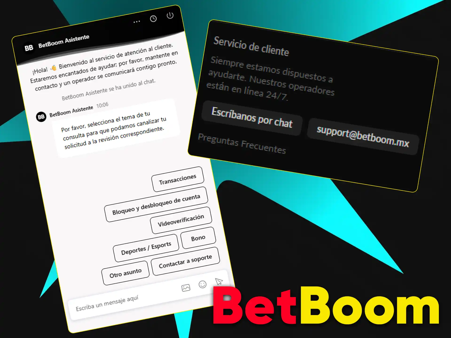 Ponte en contacto con el equipo de atención al cliente de Betboom disponible para ayudarte las 24 horas.