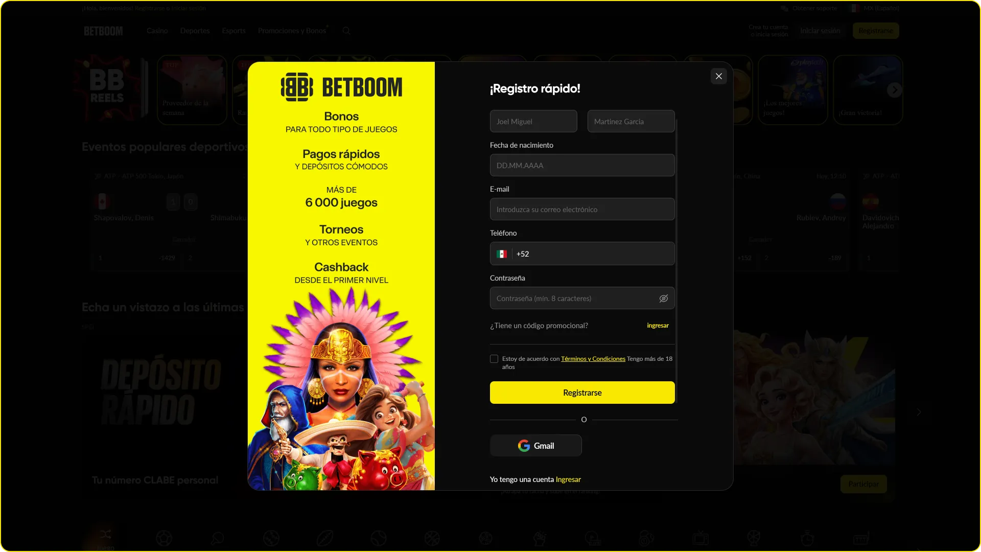 Regístrate en Betboom México completando el formulario de creación de cuenta.